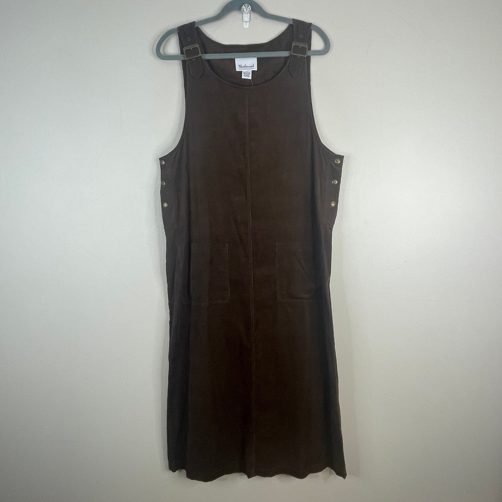 Vintage 90s Corduroy Jumper Dress NWT Large Brown Long Minimal Layer Pockets